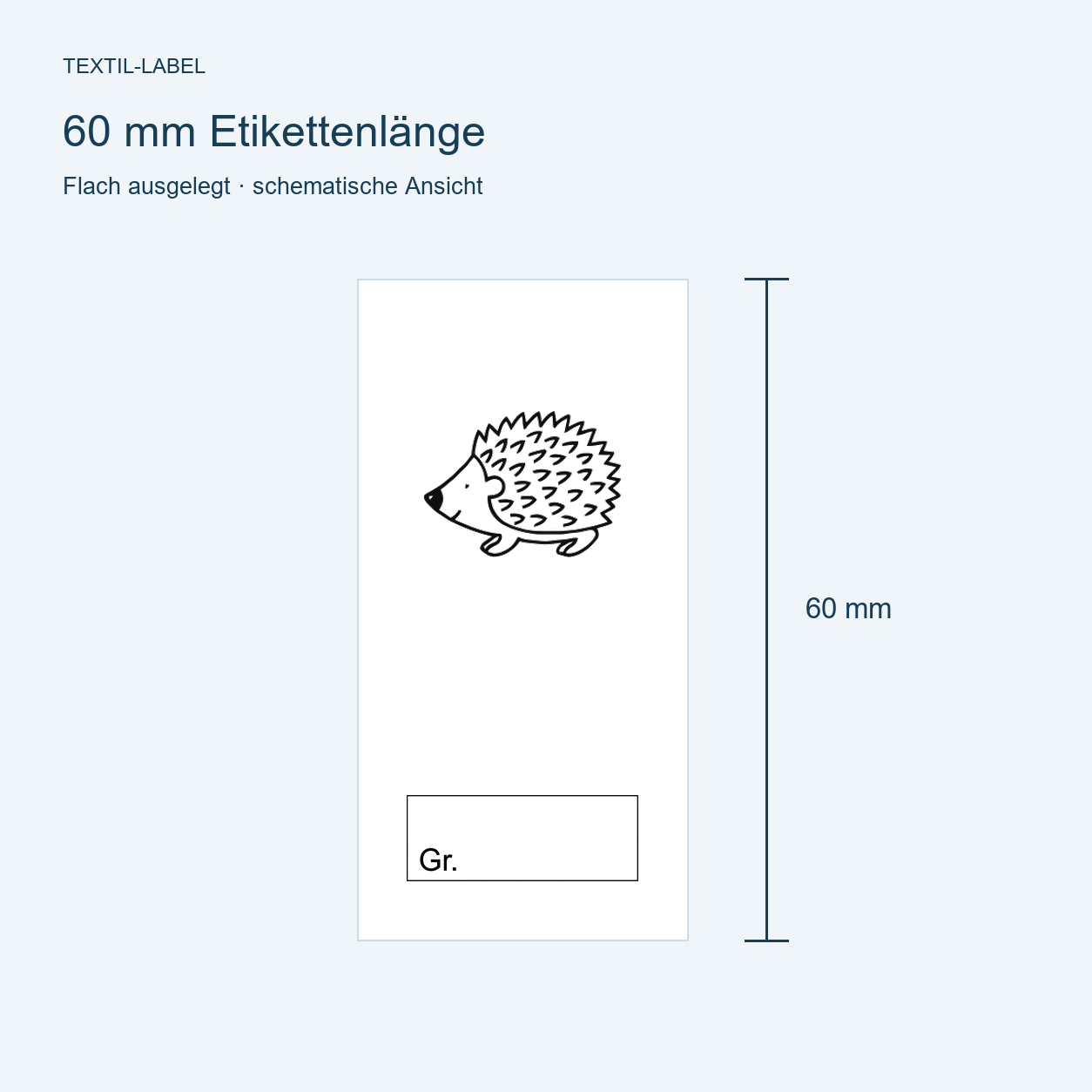 Textiletiketten mit Igel zur Größenbeschriftung 7 Längenübersicht 60 mm