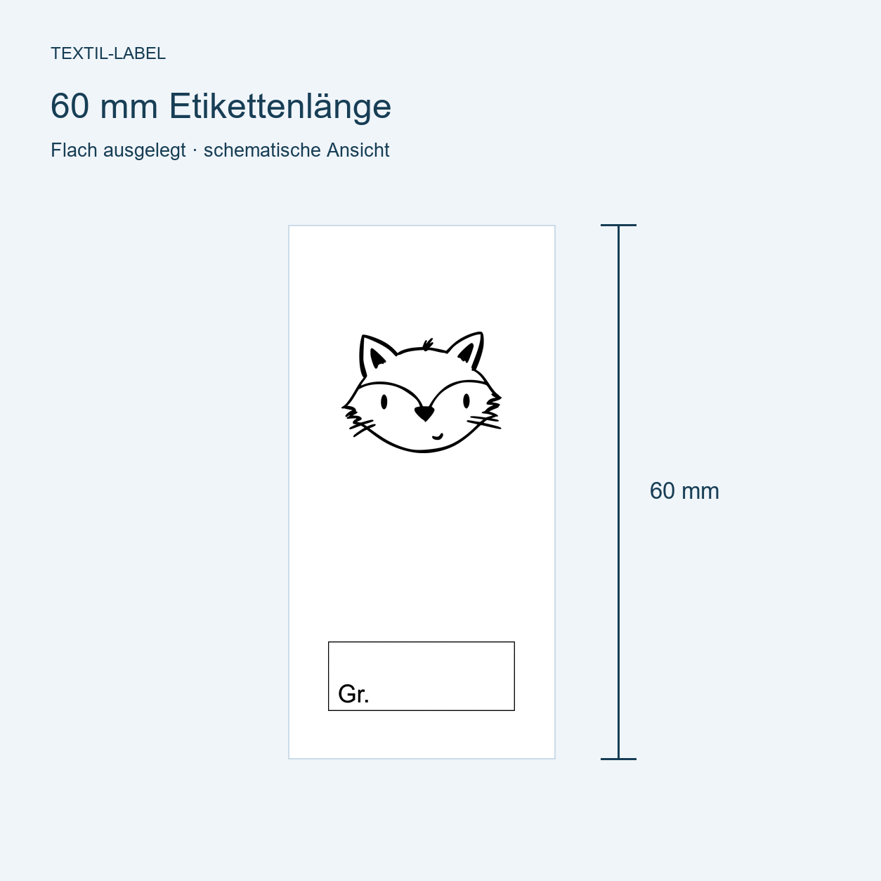 Textiletiketten mit Fuchs Motiv zur Größenbeschriftung, Motiv von Näherei-Löwenjunges 7 Längenübersicht 60 mm