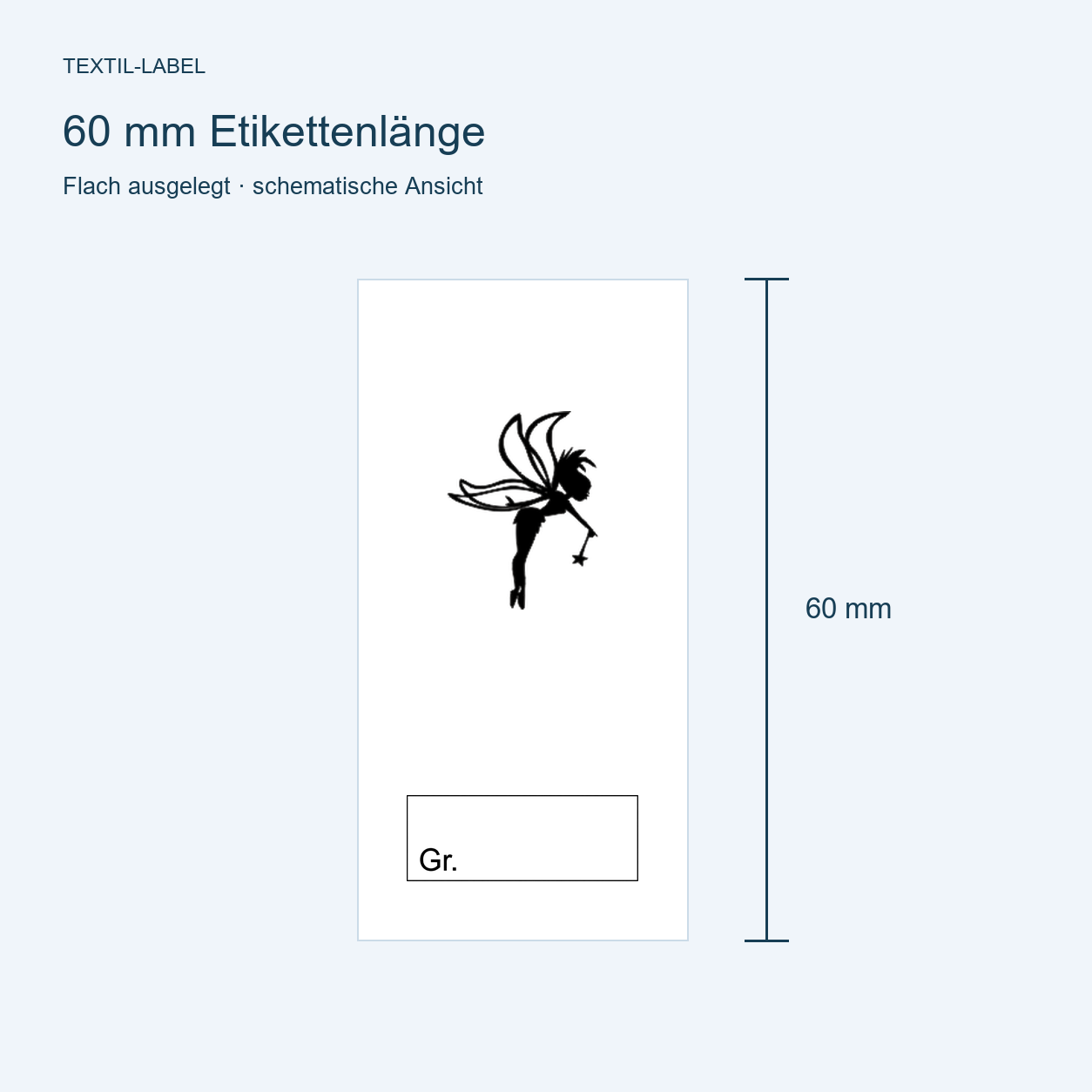 Textiletiketten für Größenbeschriftung mit Fee Motiv und Größenfeld 7 Längenübersicht 60 mm