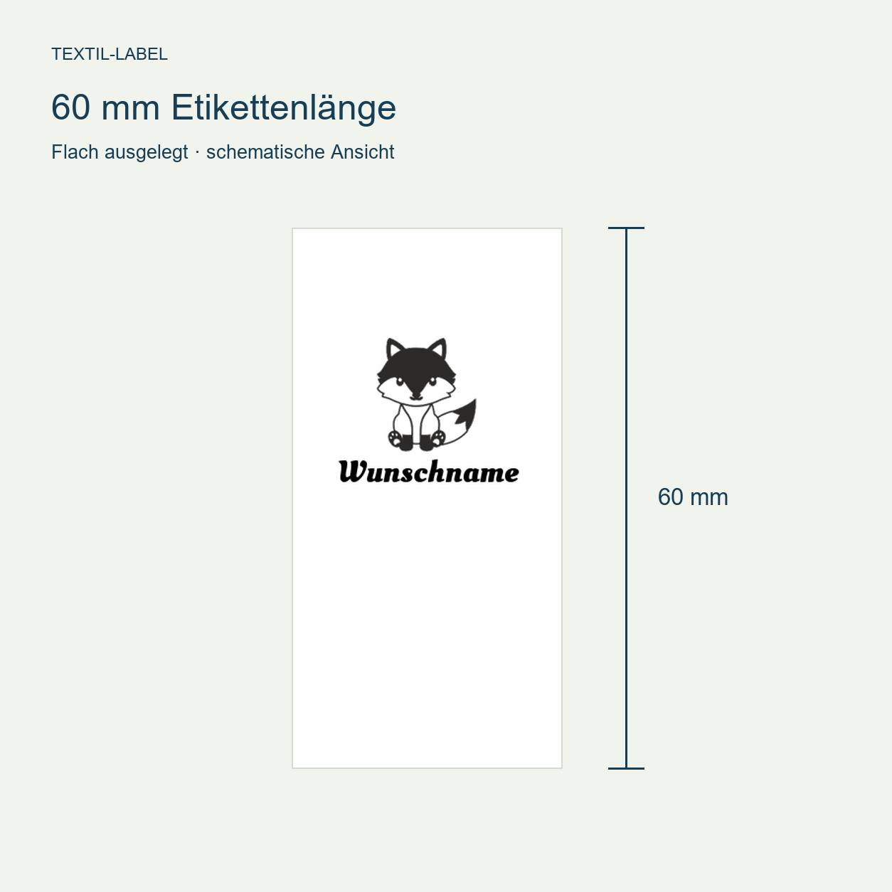 Textiletiketten mit Fuchs sitzend Motiv und Wunschnamen Individuelle Namensetiketten 4 Längenübersicht 60 mm