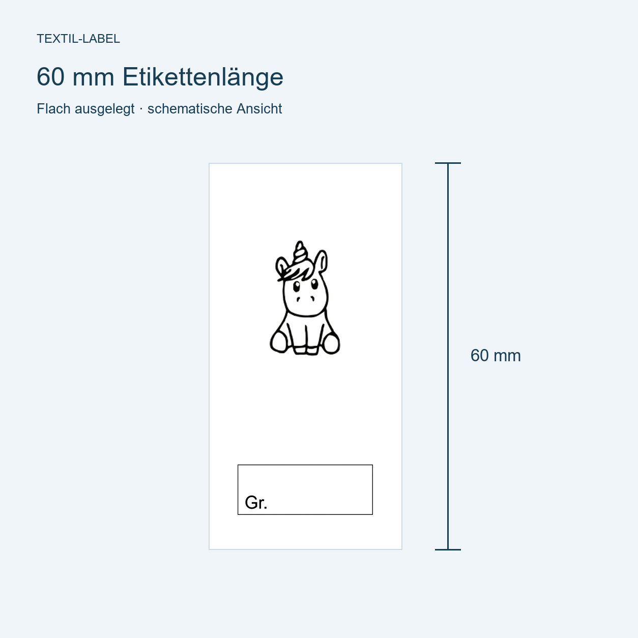 Textiletiketten für Größenbeschriftung mit Einhorn Motiv und Größenfeld 7 Längenübersicht 60 mm