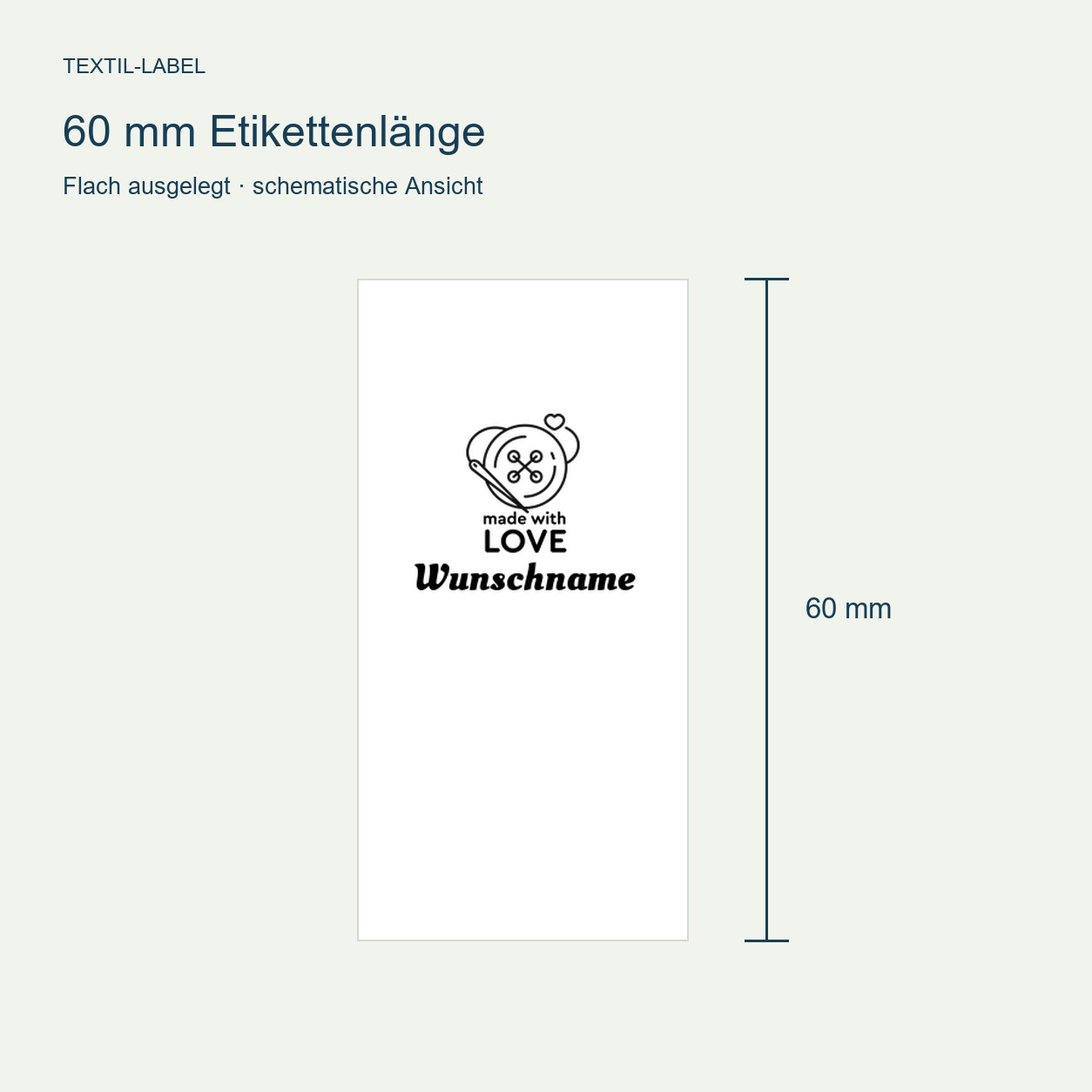 Individuelle Textiletiketten mit Knopf Handmade Motiv und Wunschnamen Namensetiketten 4 Längenübersicht 60 mm