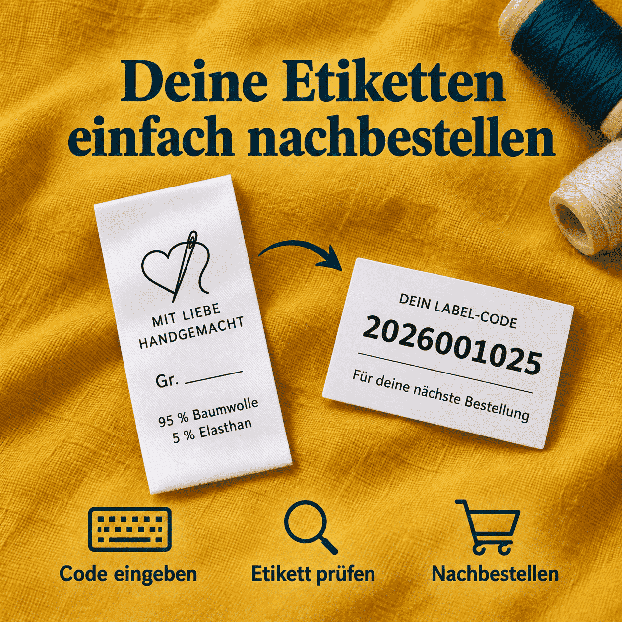 Textiletiketten nachbestellen – weißes Satin-Etikett und Label-Code auf senfgelbem Hintergrund