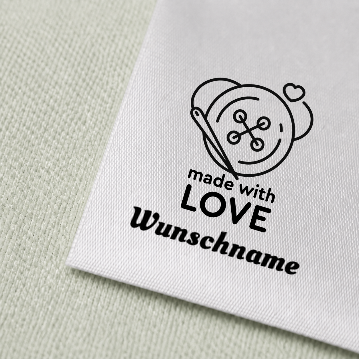 Individuelle Textiletiketten mit Knopf Handmade Motiv und Wunschnamen Namensetiketten 3 Druck und Satin im Detail