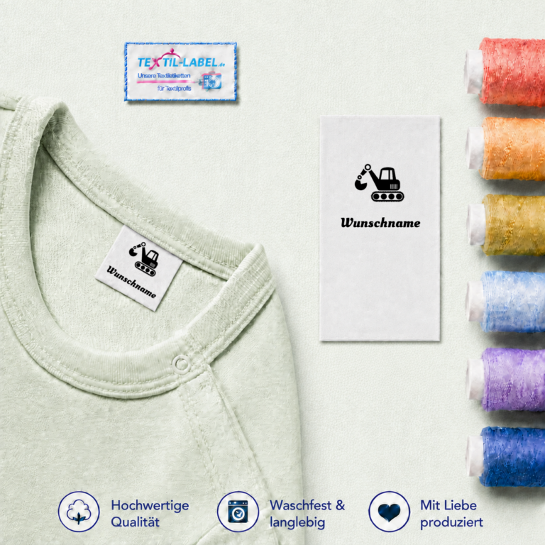 Textiletiketten mit Bagger Motiv und Wunschnamen Namensetiketten – Beispielname Wunschname