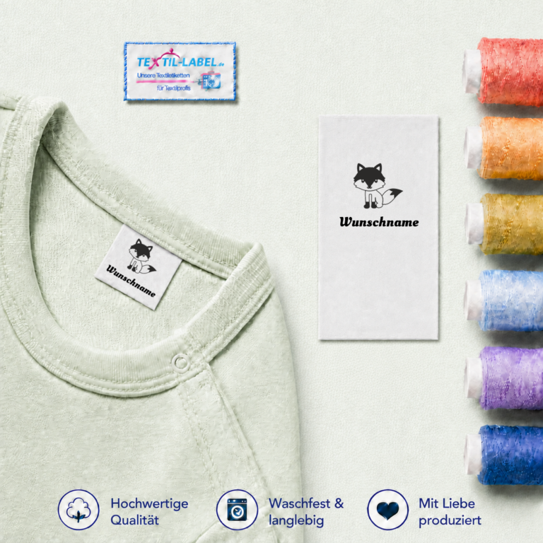 Textiletiketten mit Fuchs Motiv Rudi und Wunschnamen Namensetiketten – Beispielname Wunschname