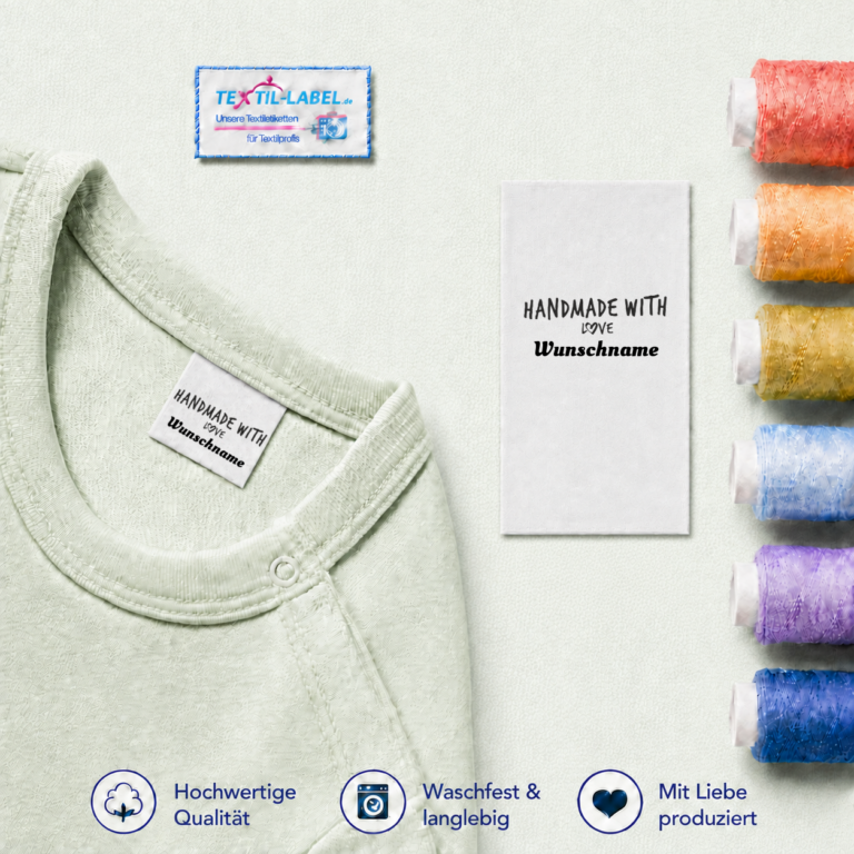 Individuelle Textiletiketten mit Handmade with Love Motiv und Wunschnamen Namensetiketten – Beispielname Wunschname