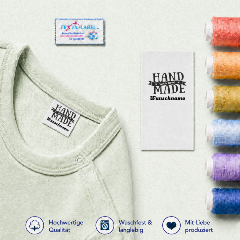 Individuelle Textiletiketten mit Handmade with Love Fahne Motiv und Wunschnamen Namensetiketten – Beispielname Wunschname