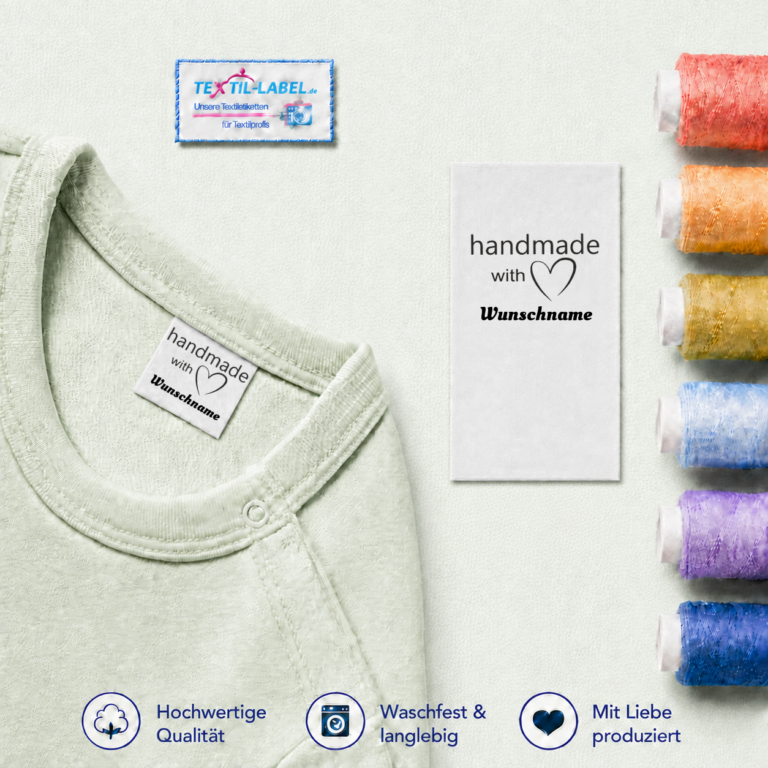 Individuelle Textiletiketten mit Handmade with Love 1 Motiv und Wunschnamen Namensetiketten – Beispielname Wunschname