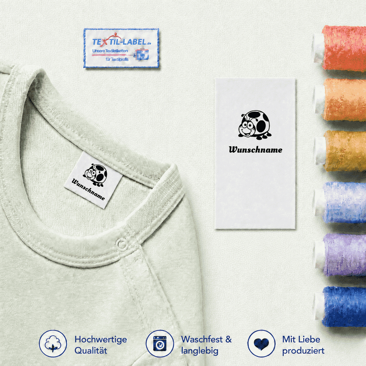 Individuelle Textiletiketten mit Marienkäfer Motiv und Wunschnamen Namensetiketten – Beispielname Wunschname