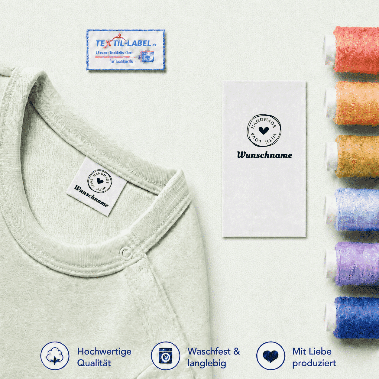 Individuelle Textiletiketten mit Herz Handmade with Love 4 und Wunschnamen Namensetiketten – Beispielname Wunschname