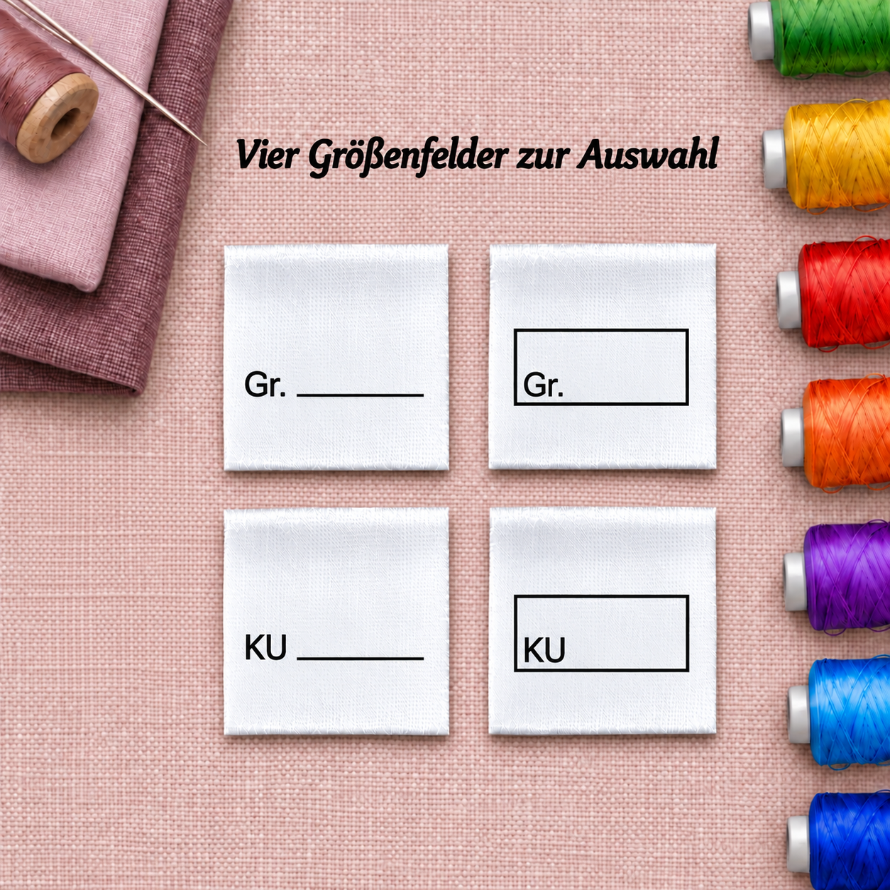 Textiletiketten mit Wunschname, Materialangaben und Pflegehinweisen 3 Vier Größenfelder zur Auswahl